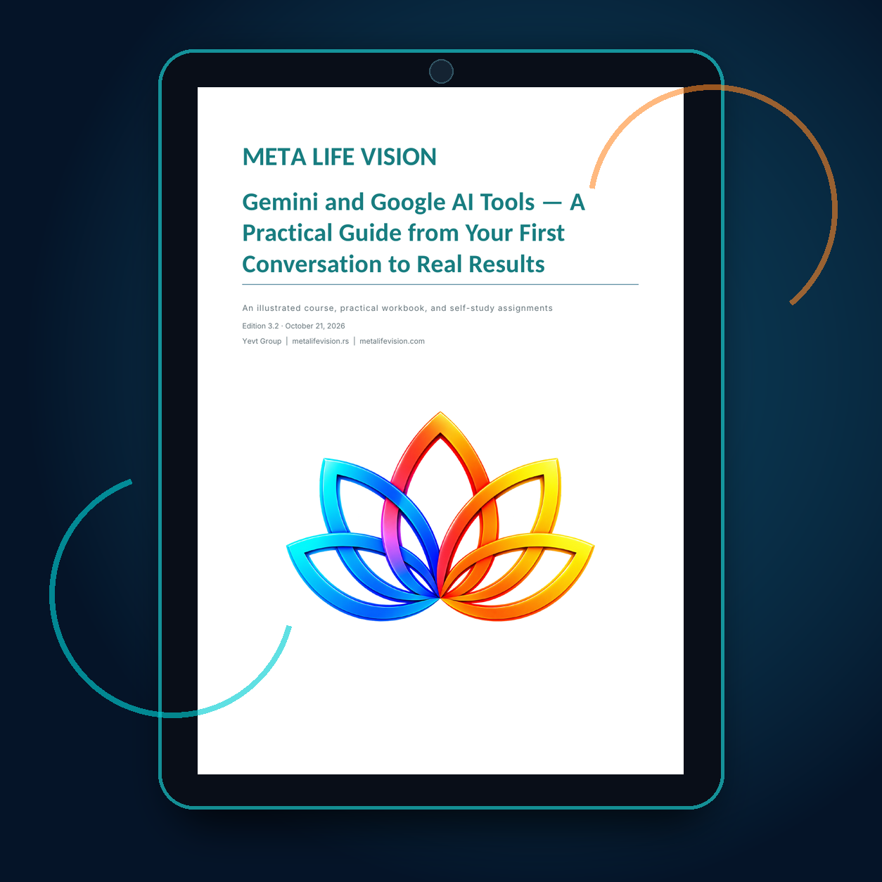 Gemini and Google AI Tools — English PDF course cover displayed on a tablet