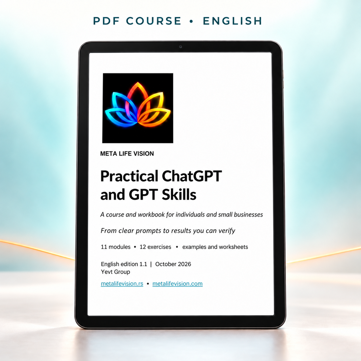 Practical ChatGPT and GPT Skills – English PDF course cover displayed on a tablet