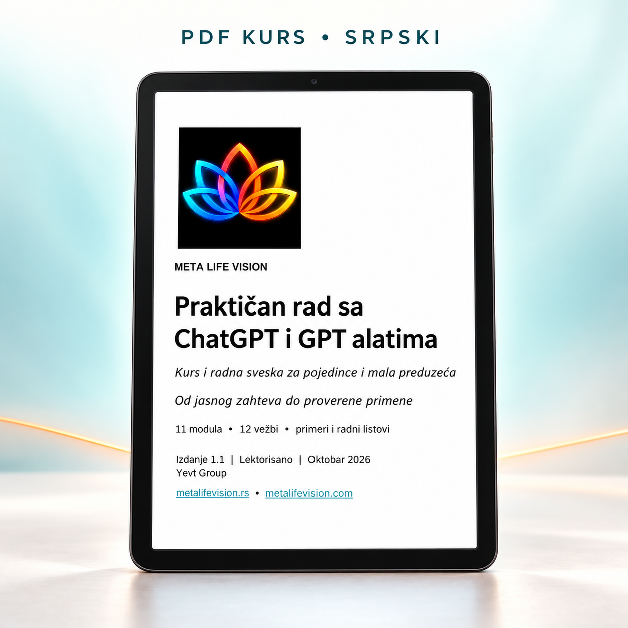 Praktičan rad sa ChatGPT i GPT alatima – naslovnica PDF kursa na srpskom jeziku prikazana na tabletu